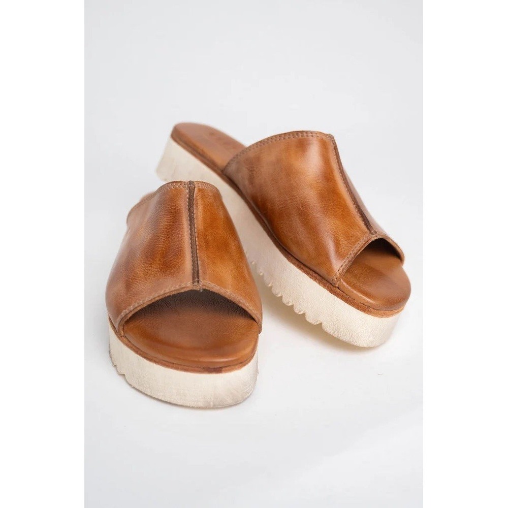Bed|Stu Fairlee II Flatform Leather Slide Sandals Size 10 Platform Tan Rustic